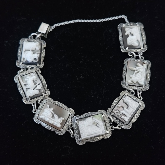 Antique Art Deco Mother Of Pearl Cameo Sterling Silver  Bracelet Marcasite - Picture 3 of 10